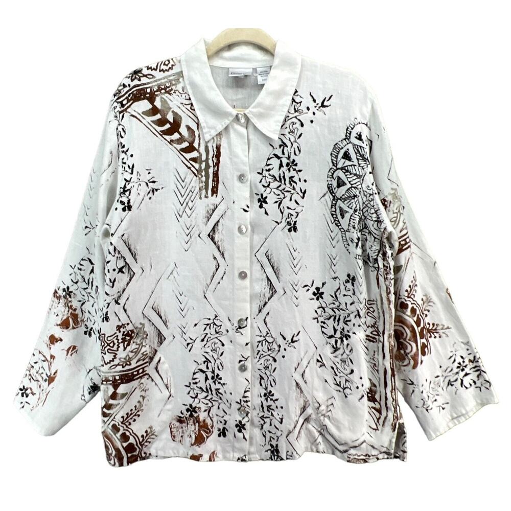 Chicos Shirt‎ Womens US L 2 White Black Floral Linen Shacket Art To Wear Blouse